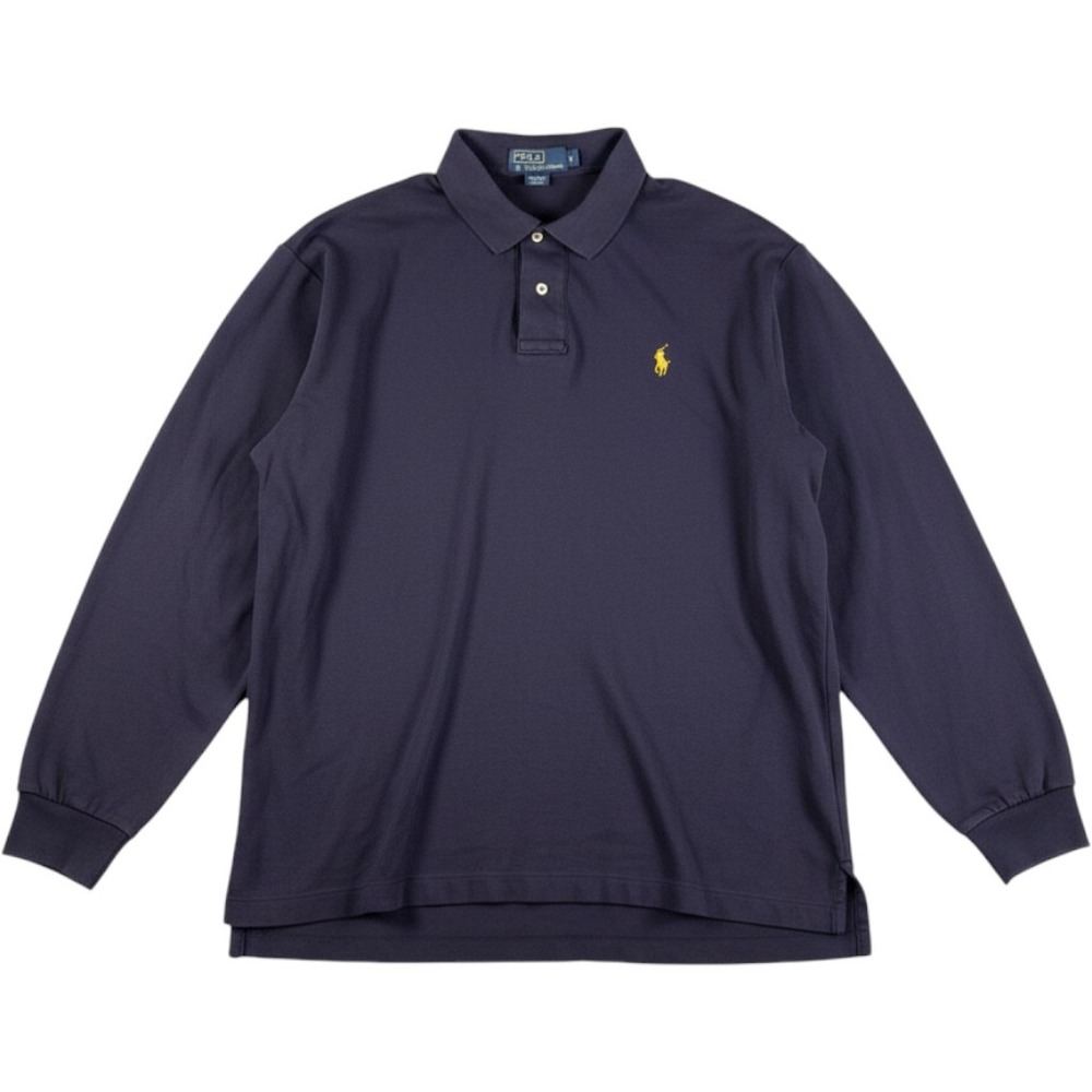 Polo Ralph Lauren Men L Navy Blue Long Sleeve Cotton Polo Yellow Pony